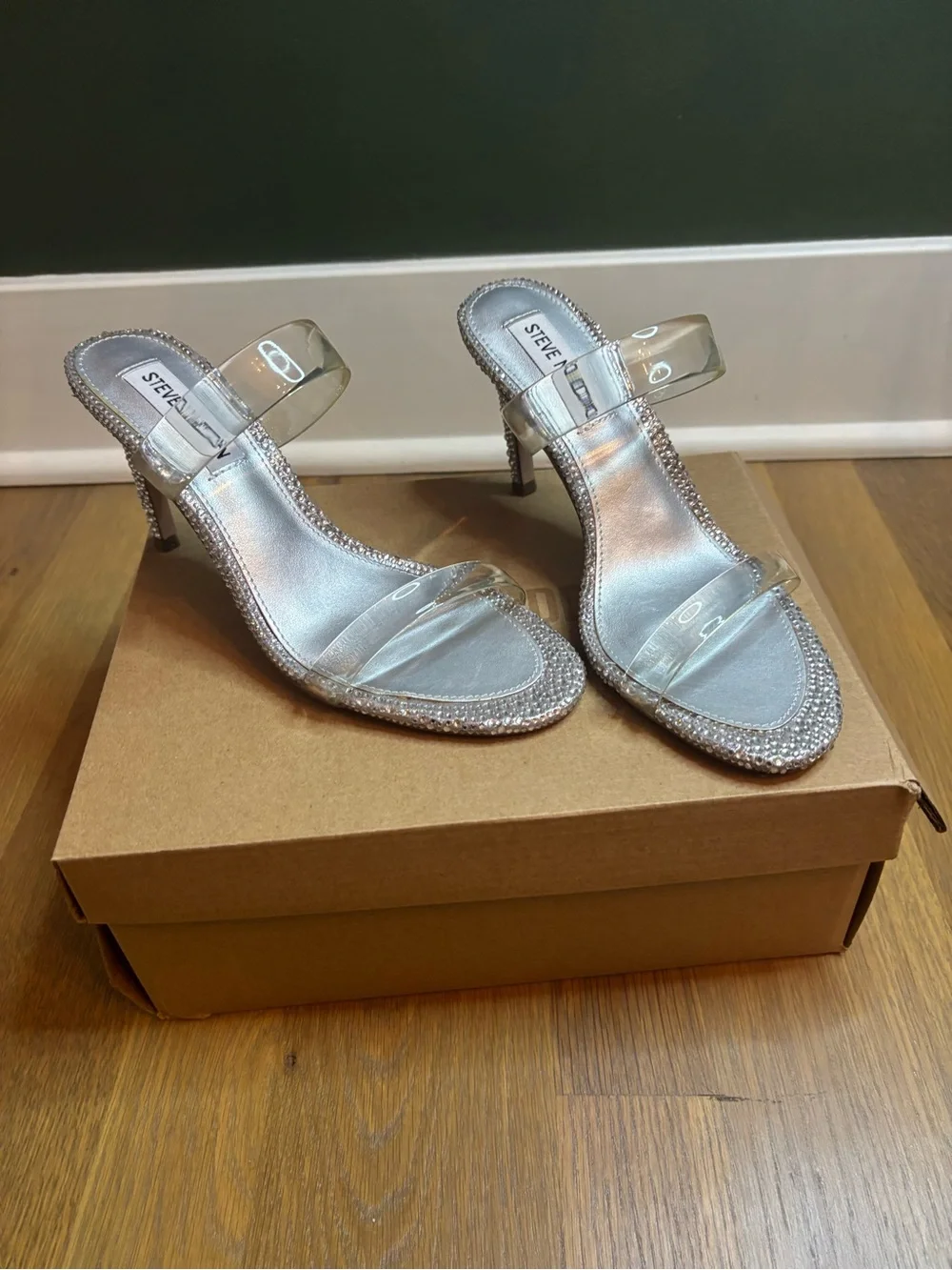 Steve Madden Clear Strap Slide Sandals with Crystal Trim - Silver